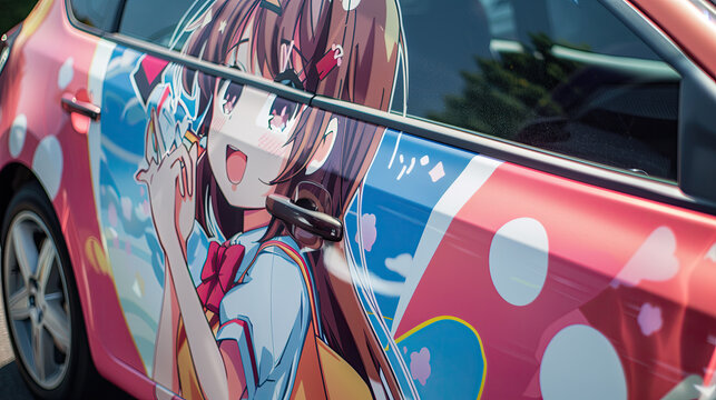 Car side door wrapped with adorable anime girl sticker