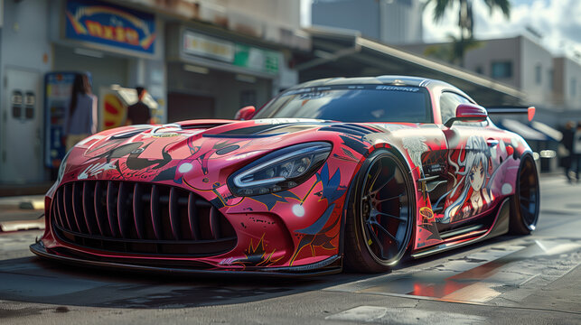 Itasha sports car wrapped with anime characters parked in japanese valley