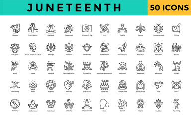 Juneteenth icon set with freedom, emancipation, liberation, celebration, juneteenth flag, unity, equality, justice, commemoration, history icon. Simple line vector 
