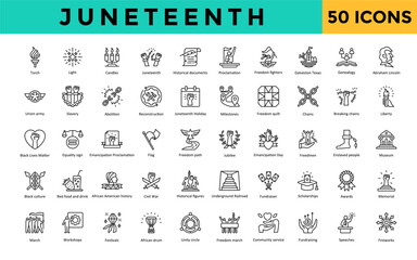 Juneteenth icon set with torch, light, candles, historical documents, proclamation, freedom fighters, galveston texas, genealogy icon. Simple line vector 
