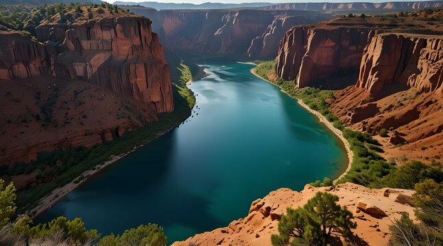 Duraton river sickles illuminated by the sunrise light with the river running through the rocky canyon with green trees in a peaceful and serene scene. generrative.ai