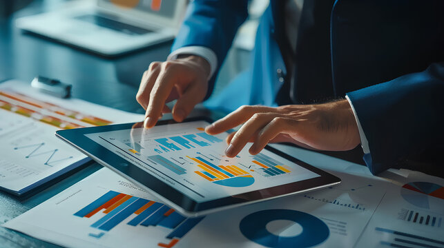 Cost and quality control, business strategy and project management concept. Businessman working on digital tablet with quality control growth graph and cost reduction, effective business