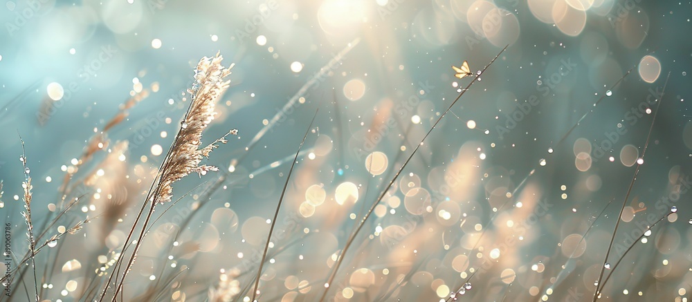 Wall mural Enchanting macro photo of green grass covered in dew and perched dragonflies accompanied by warm morning light on a blurred background