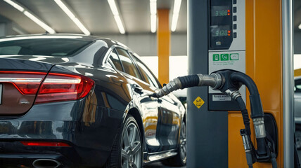 Refueling Car: A close-up of a fuel pump nozzle refueling a car at a gas station