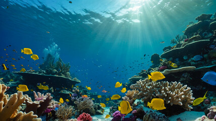 Fototapeta premium Vibrant coral reef with colorful fish underwater.