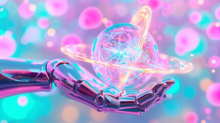 robotic hand holding a glowing atom with swirling orbits, futuristic and high tech
