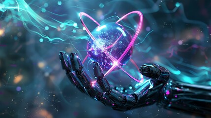 robotic hand holding a glowing atom with swirling orbits, futuristic and high tech