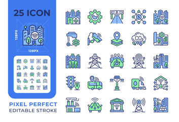 Smart city pixel perfect RGB color icons set. Urban life, infrastructure systems. Public service. Isolated vector illustrations. Simple filled line drawings collection. Editable stroke