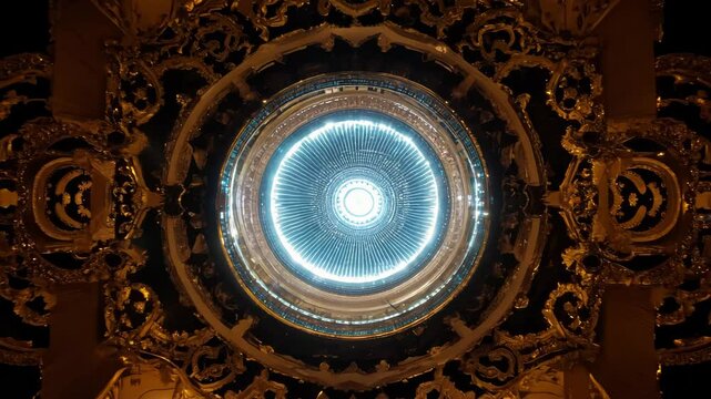 Low-angle shot: Ornate circular frame surrounds glowing mirror. Zooms slowly from intricate golden details to ethereal blue light at center. 