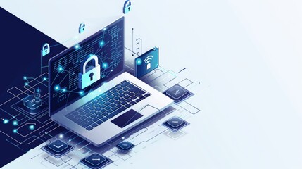 digital data security illustration with laptop theme and padlock icon and technology background