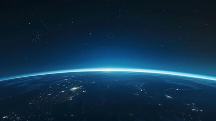 Obraz premium Earth viewed from space with blue lights shining on the horizon