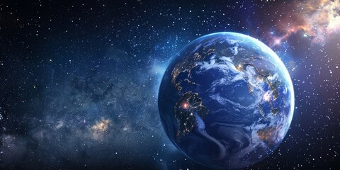 Obraz premium Ethereal Earth View from Space: Luminous Globe with Continents and Oceans Surrounded by Cosmic Glow. Starry Universe Background Celebrating Global Connectivity. Ideal for International Internet Day an