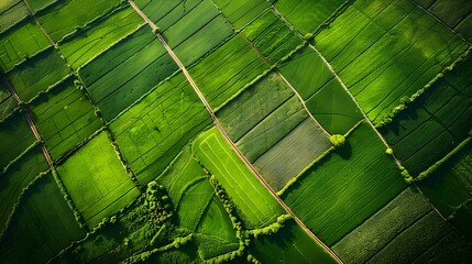 Aerial view of green fields, crops, and harvests