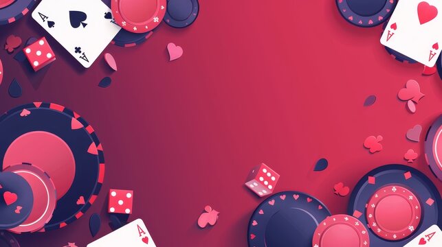 Casino Background with Playing Cards, Chips, and Dice - This image showcases a vibrant casino background with playing cards, poker chips, and dice scattered across a red backdrop, symbolizing luck, ch