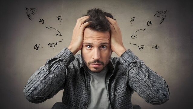 An anxious man holding onto his head being thoughtful of what is to come