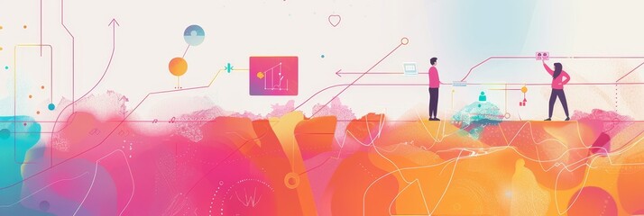 Obraz premium Connecting Ideas and Inspiring Innovation: A Collaborative Journey - Two figures stand on a vibrant landscape, connected by lines symbolizing collaboration, growth, and innovation. The abstract backgr