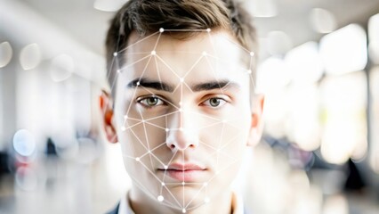 Advanced Face Recognition System Background – Digital interface with face recognition elements.
