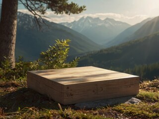 Product empty podium with mountain forest view on a sunny day 