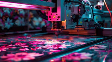 Digital Textile Printing Machine Close Up with Floral Pattern - A close up of a digital textile printing machine in operation, the nozzle is lowering onto a floral patterned fabric, showcasing modern 