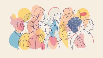 Fototapeta premium Diverse Crowd of People in One Line Illustration - This abstract illustration depicts a group of people represented by single lines. It symbolizes unity, diversity, community, togetherness, and the in