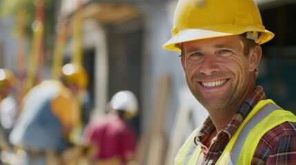 Close-up of a happy construction worker with a yellow hard hat and safety vest, with colleagues working in the background.