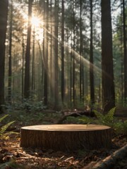 Vibrant forest backdrop with empty product podium and daylight