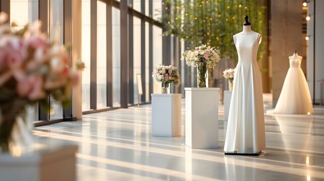 Elegant Bridal Event Setup with Stunning Gowns and Sophisticated Ambiance - Powered by Adobe