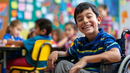Handicapped child in a wheelchair enjoys learning with healthy classmates in a vibrant, inclusive classroom setting.