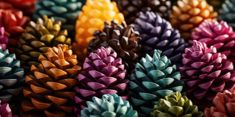 Fototapeta premium A closeup of colorful painted pine cones in various vibrant hues, creating a festive and artistic display.