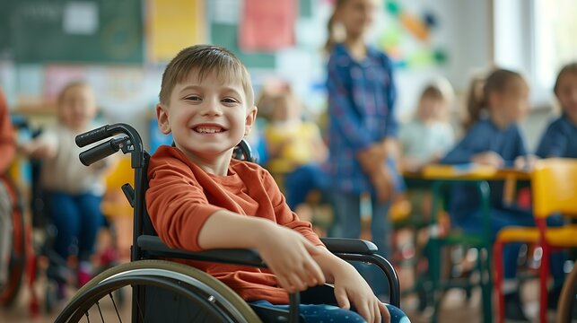 A happy handicapped child in a wheelchair sits among healthy classmates in a bright, cheerful school classroom, showcasing an inclusive education environment.