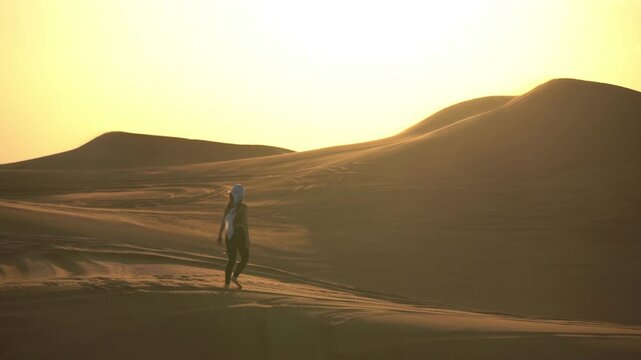 Lonely Woman Walking Barefoot on Dunes in Arab Desert, Slow Motion