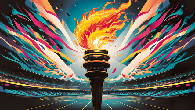 Torch with flame, burning Olympics Games Fire. Opening ceremony. Summer Olympic Games in France. Sports game victory symbol. Creative abstract background for banner or poster with copy space	