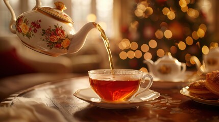 A delicate floral teapot pouring hot tea into a matching teacup, with a festive bokeh background and a cozy setting.