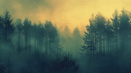 Fototapeta premium Misty sunrise in a dense forest, creating a serene and mysterious atmosphere with fog rolling through the trees.