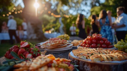A festive outdoor garden party featuring a table spread with fresh fruits, appetizers, and guests enjoying the summer evening.