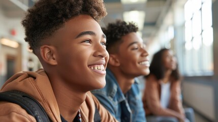 Joyful students with backpacks smile brightly in a school hallway, capturing a moment of happiness and camaraderie.