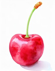 Realistic watercolor illustration of a red cherry with a green stem isolated on a white background.