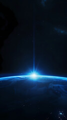 Earth viewed from space with blue lights shining on the horizon