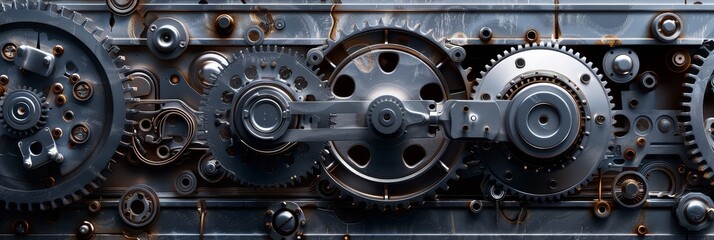 Industrial Machine Gears and Cogs Close Up - A close-up view of a complex industrial machine with gears, cogs, and metal parts, representing precision, power, and the intricate workings of machinery.