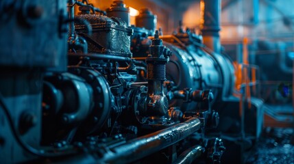 Industrial Machinery Close Up: A Powerful Engine in a Factory Setting - A close-up view of industrial machinery, showcasing the intricate details and power of a large engine in a factory setting. The 