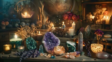 Mystical and sublime crystal shop with precious stones