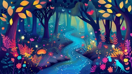 Magical Forest Stream with Glowing Lights and Birds - A whimsical forest scene with a winding stream flowing through it, surrounded by colorful flowers, glowing lights, and birds. It symbolizes nature