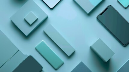 Minimalist Blue Smartphone and Geometric Shapes - Technology Background - A minimalist blue smartphone on a blue background with geometric shapes, symbolizing technology, minimalism, design, simplicit