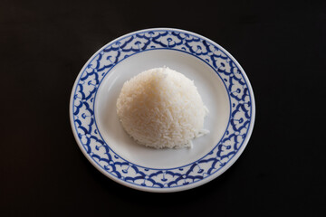Steamed Rice on a Blue and White Plate