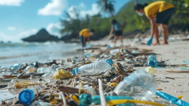 Volunteers cleaning up plastic waste from a polluted beach, highlighting environmental conservation and the importance of reducing pollution.