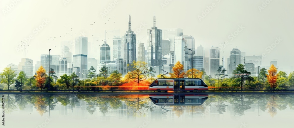 Sticker Tram Ride Through a Cityscape with Autumn Trees