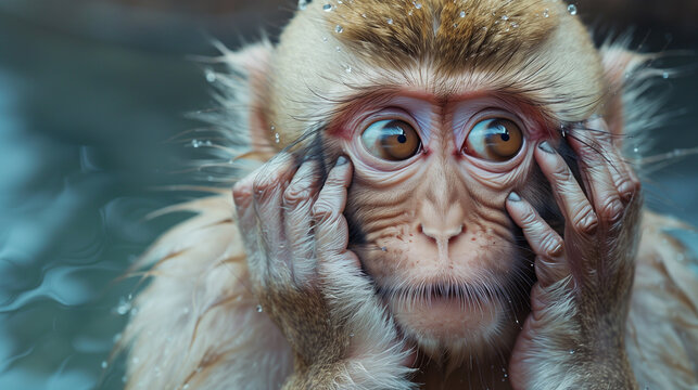 Closeup of young monkey thinking. Both hands on the face.