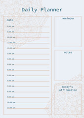 Detailed day planner with mandala design. Includes sections for date, hourly schedule, reminders, notes, and daily affirmations.