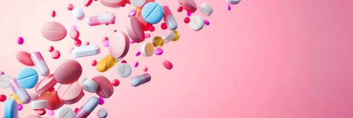 Colorful pills and capsules falling on a pink background. Place for text
