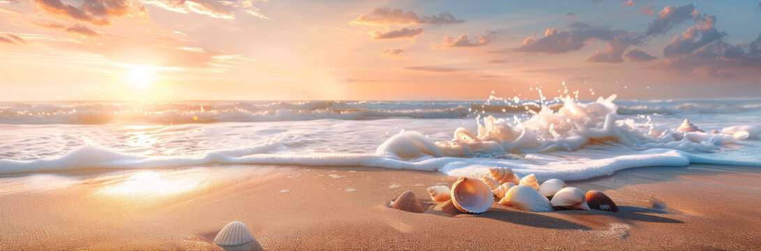 Seashells on the Beach at Sunset - A beautiful seascape with a sunset sky, waves crashing on the shore, and seashells scattered on the sand, symbolizing tranquility, peace, relaxation, nature, and bea